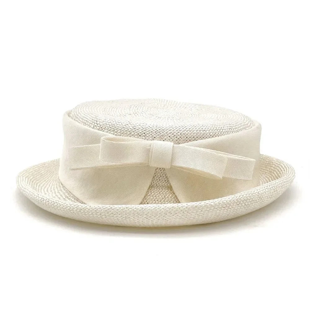 Vintage 1950s Cream Straw Sailor Hat Antique Ivory Boater Skimmer W Bow Detail - Picture 8 of 12